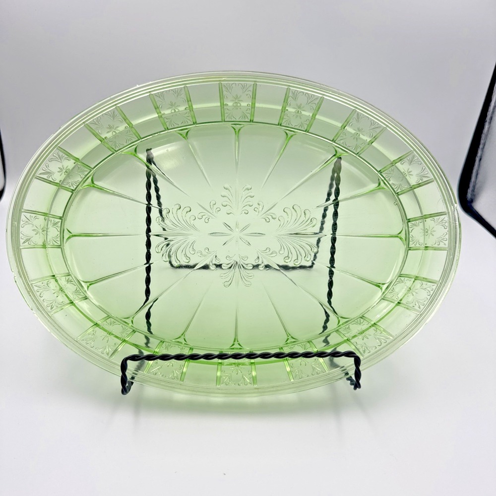 Jeanette Doric Green Depression Uranium Glass 12"‎ Oval Platter Vtg 1930s Glows